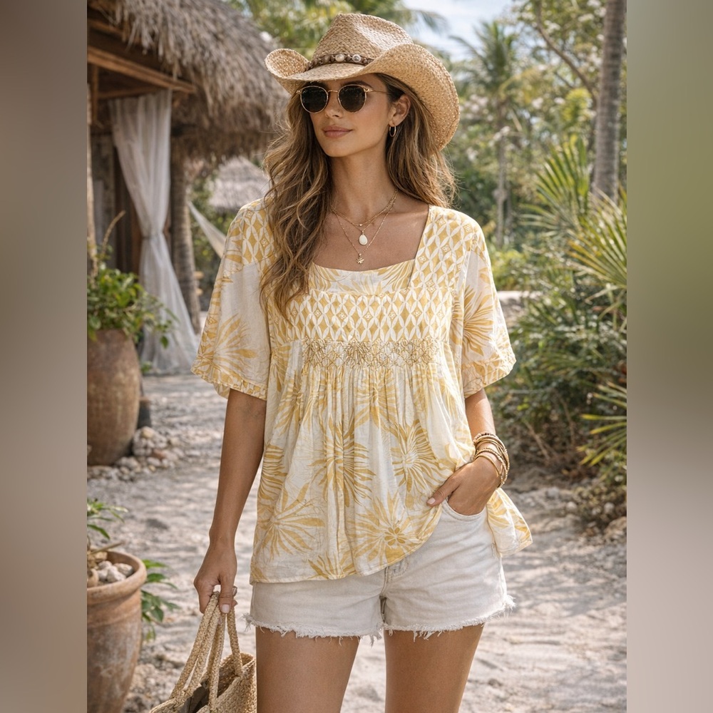 Corsage Boho Cotton Pleat Babydoll Wide Sleeve Shirt Top Gold Island Smocked M